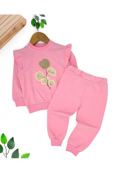 VOY KİDS Girl's Seasonal Floral Embroidered 2-Piece Set – Long Sleeve Crew Neck Top and Bottom – 2-5 Years