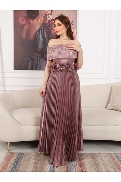 Nice Model Dusty Rose Off-Shoulder Pleated Maxi Dress Floral Embroidered Evening Gown Wedding Guest Dress