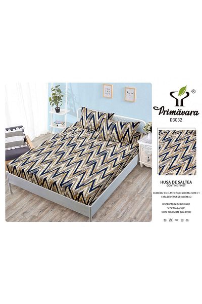 FIONNA.RO Duvet Cover With Elastic And Pillowcases 160X200cm - Zig Zag Beige Navy Blue