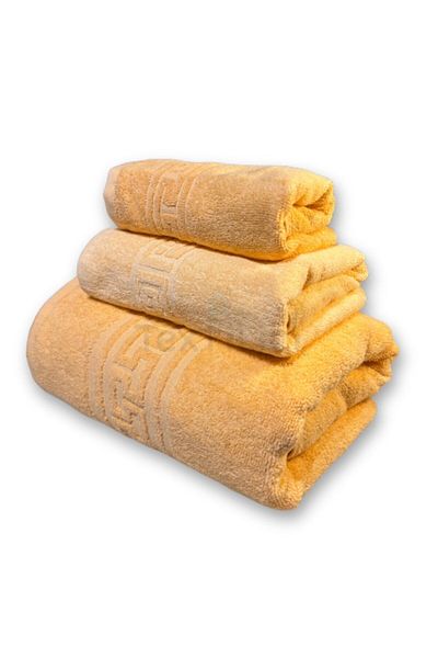 TextiLici Set 3 Towels 100% Premium Cotton, Greek Border Design, Mustard Yellow