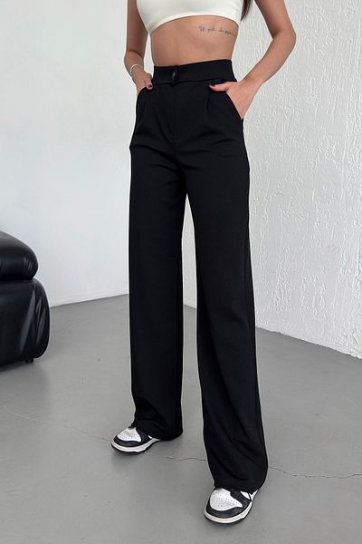 Alos Women's Black Buttoned Pleated High Waist Lycra Crepe Fabric Comfortable Fit Palazzo Pants