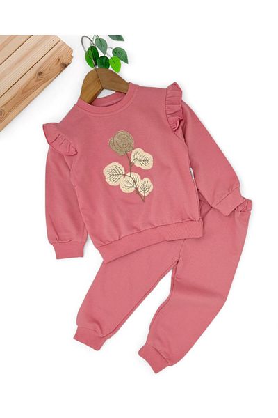 VOY KİDS Girl's Seasonal Floral Embroidered 2-Piece Set – Long Sleeve Crew Neck Top and Bottom – 2-5 Years