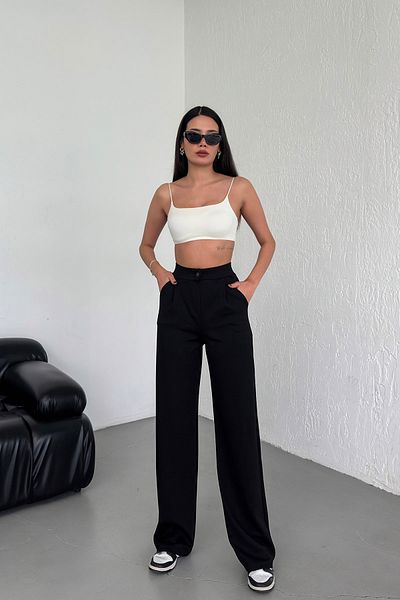 Alos Women's Black Buttoned Pleated High Waist Lycra Crepe Fabric Comfortable Fit Palazzo Pants