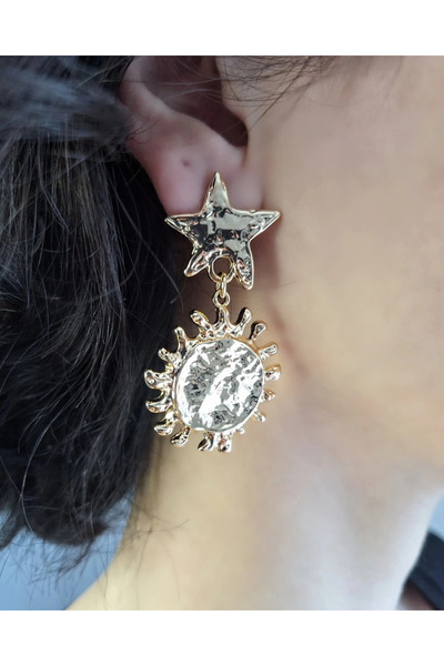 SATIYU BUTİK Gold Color Star and Sun Figured Asymmetric Earrings