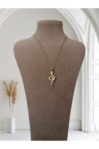 DELLS ACCESSORY Snake Patterned Steel Zircon Stone Gold Necklace