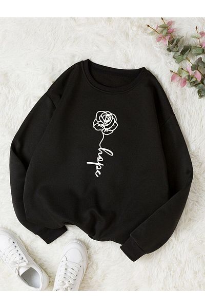 Boi Rose Printed Unisex Oversize Black Crew Neck Sweatshirt