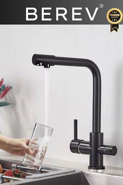 Berev Black Purified Kitchen Sink Faucet 3 Way L Pipe Luxury Water Tap