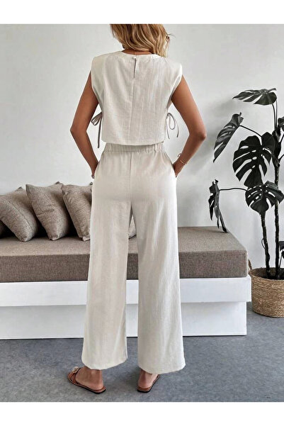 İntive Lingerie Beige Side Tie Detailed Blouse Relaxed Cut Pants Blouse Set