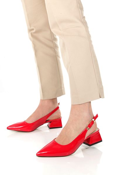 Ayakkabı Podyumum ''Nazli'' Red Patent Leather Pointed Toe Open Back 3 cm Thick Heel Low Heel New Season