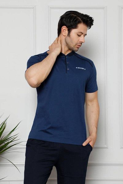 ALİMER Brand Men's Short Sleeve Button Collar Blue-Navy Color Lycra Pajama Set 1129
