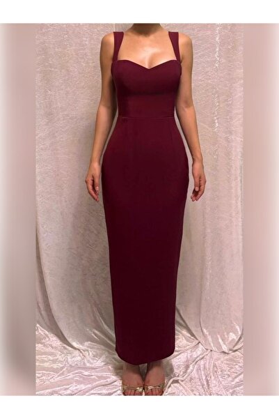 Relia Studio Askılı Kalp Yaka Astarlı Yırtmaçlı Kalem Elbise