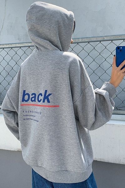 Boi Back Sweatshirt- Gray Printed Oversize Sweatshirt Hooded