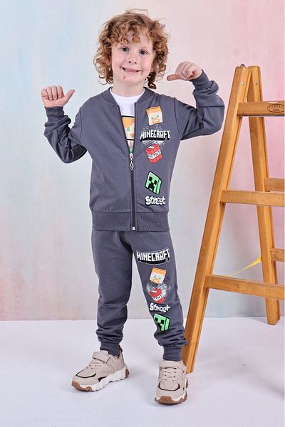 LİLLYPİCCA Set de 3 piese pentru băiat, hanorac cu mânecă lungă, cardigan cu fermoar imprimat, pantaloni din bumbac pieptănat cu talie elastică
