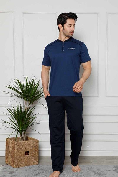 ALİMER Brand Men's Short Sleeve Button Collar Blue-Navy Color Lycra Pajama Set 1129