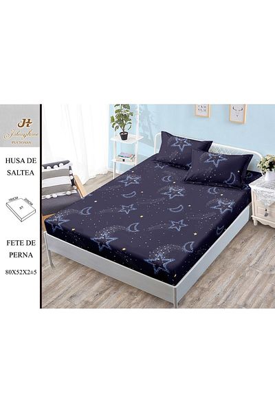 FIONNA.RO Satin Cotton Elastic Pillowcase and Pillowcases 180x200cm - Blue with Constellations