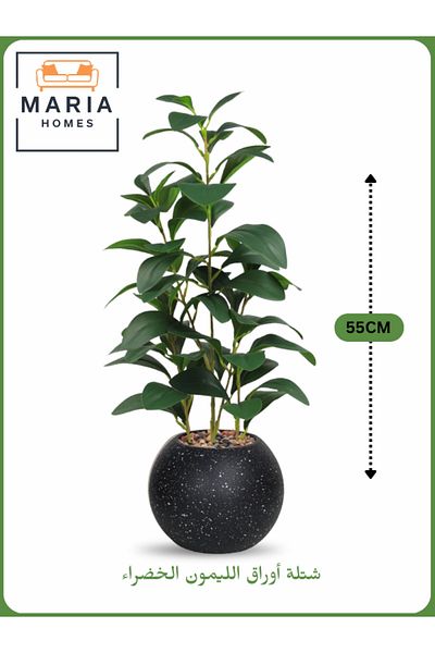 MARIA HOMES Artificial Lemon Leaf Plant 55 cm – Decorative Indoor Greenery with Black with silver dots Pot