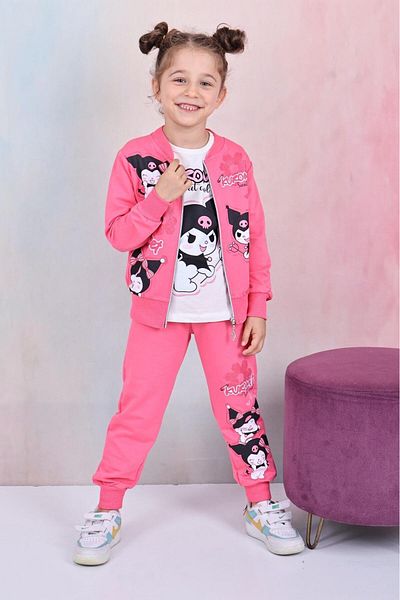 LİLLYPİCCA Girl's 3-Piece Set Long Sleeve Sweatshirt Printed Zippered Cardigan Elastic Waist Combed Cotton Trousers