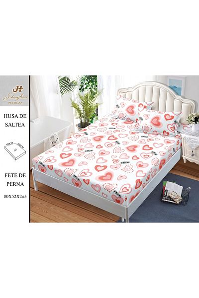 FIONNA.RO Satin Cotton Elastic Pillowcase 180x200cm - White with Red Hearts