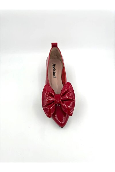 Mariolucci Kadın Kısa Topuklu Ayakkabı Yumuşak Fiyonk Hakiki Kırmızı Rugan Deri