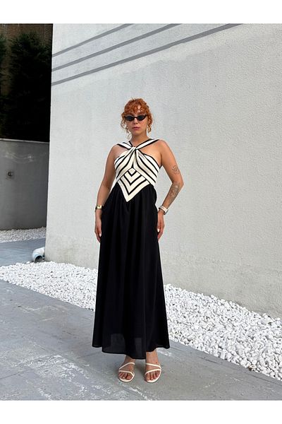 Bak'ap Premium Trend Halter γιακάς Μαύρο Λευκό Μάξι Φόρεμα με τσέπες