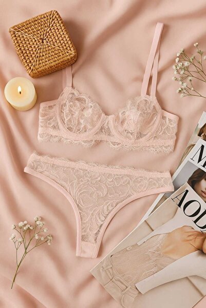 hepimiz alalım Set de chiloți bralette roz moale cu detaliu din dantelă - Des...