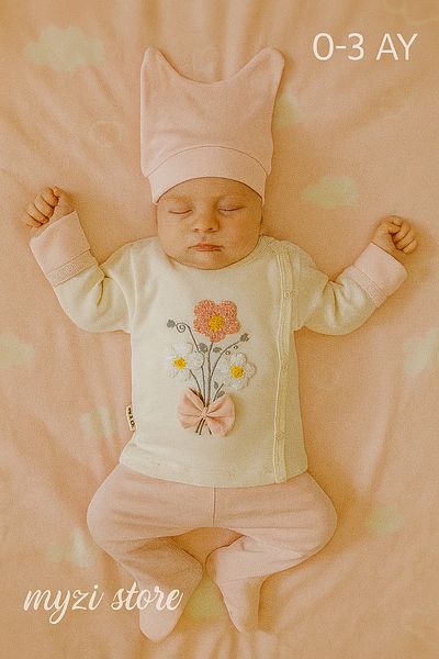 MYZİ STORE Organic Cotton 3-Piece Newborn Baby Set (0-3 Months) – Hat, Top and Bottom Clothing – Unisex