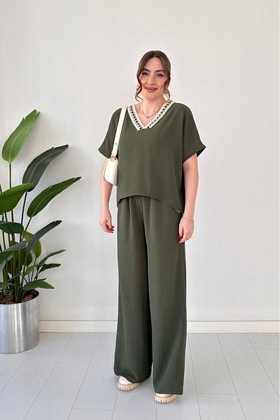 MaziButik Guipure Piping Double Suit Khaki