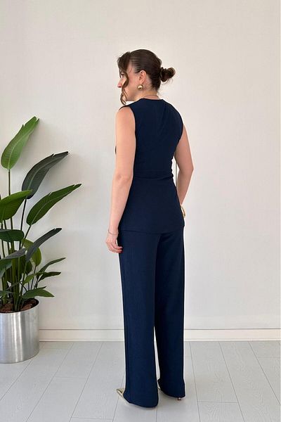 MaziButik Side Buckle Seersucker Suit Navy Blue
