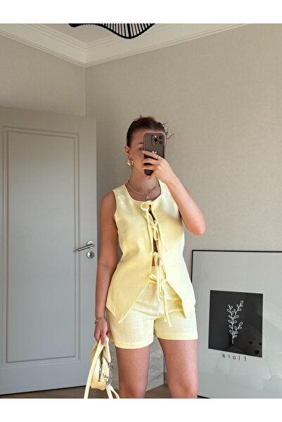 BAŞARAN Light Yellow Cathey Tie-Up Vest Shorts Set