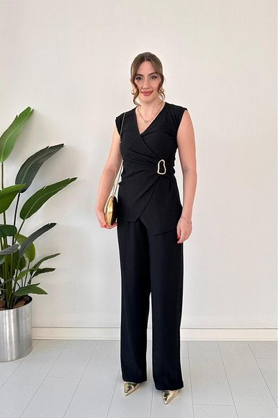 MaziButik Side Buckle Seersucker Suit Black