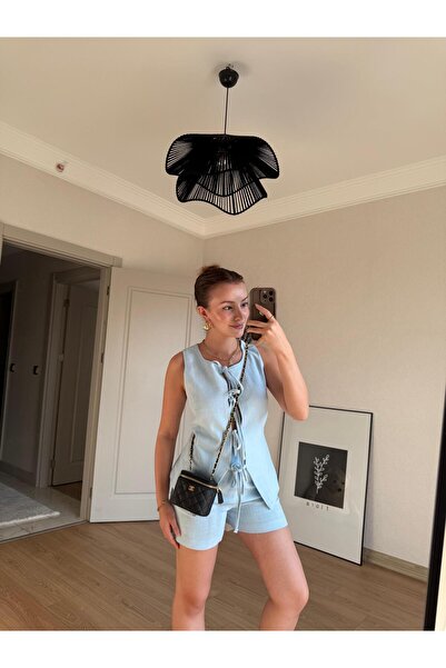 BAŞARAN Light Blue Cathey Tie-Up Vest Shorts Suit