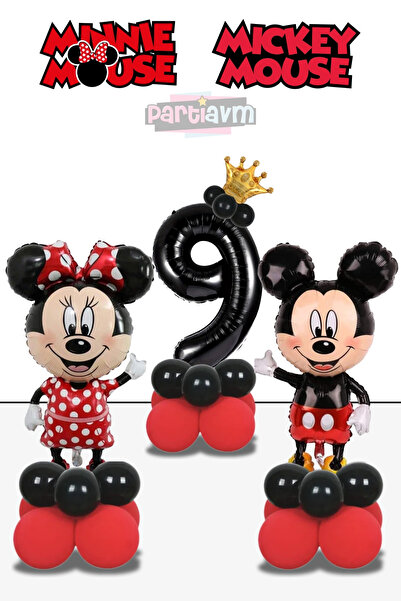 PARTİAVM 9 Years Old Mickey Mouse Minnie Mouse Balloon Red Black Number Ballo...