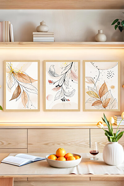kutuTR 🍂 Zarif Doğal Yaprak Desenli 3’lü Çerçeve Görünümlü Tablo Seti - Mode...