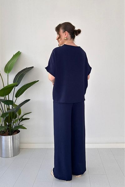 MaziButik Guipure Piping Double Suit Navy Blue
