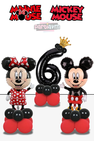 PARTİAVM 6 Years Old Mickey Mouse Minnie Mouse Balloon Red Black Number Bubbl...