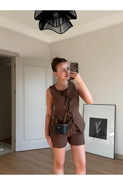 BAŞARAN Brown Cathey Tie-Up Vest Shorts Set