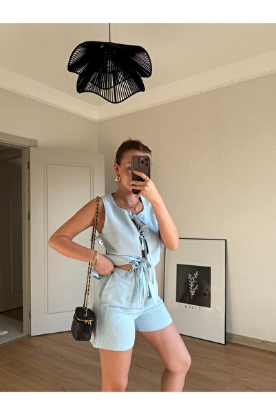 BAŞARAN Light Blue Cathey Tie-Up Vest Shorts Suit