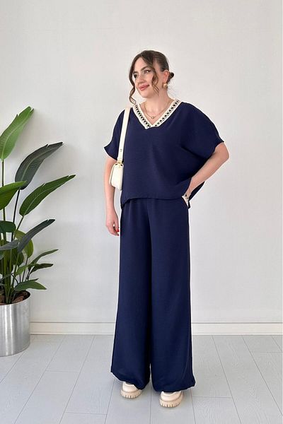 MaziButik Guipure Piping Double Suit Navy Blue