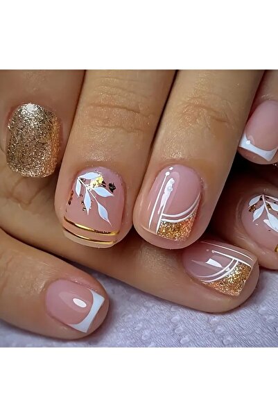 Rediquis 24 Adet Simli Yaprak & Dalga Çizgili Kısa Kare Takma Tırnaklar