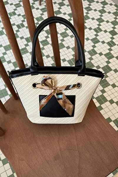 LEONAS Colorful Scarf Straw Fabric Hand and Shoulder Women's Bag Sanny Black