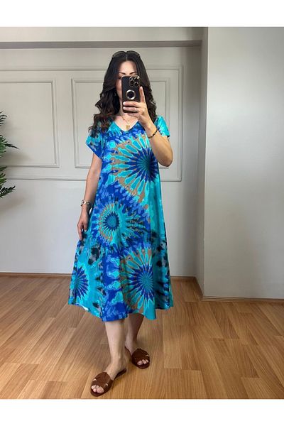 Butik Ayseba Women's Tie-Dye Patterned Short Sleeve Summer Dress