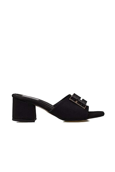 Trend Adımlar Black Linen Denim Women's Heeled Slippers