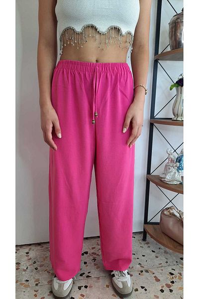 ŞIK VE MUTLU Muslin Linen Elastic Waist Wide Leg Trousers