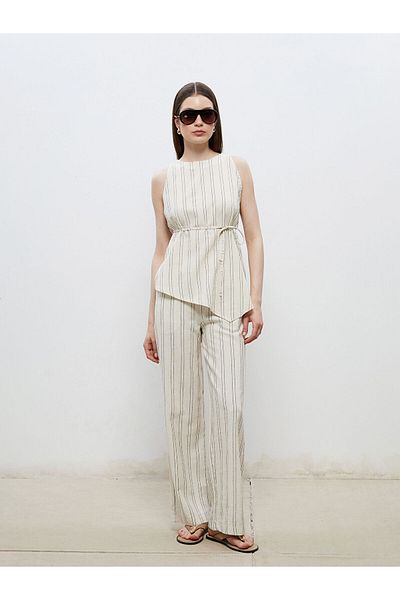 LC Waikiki Women's Striped Linen Look Trousers with Elastic Waist