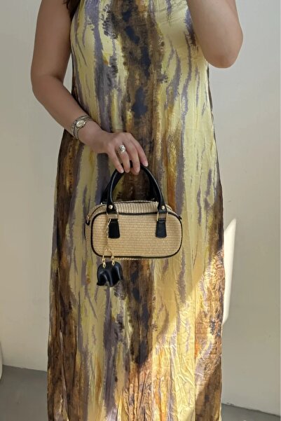 LEONAS Women's Hand and Shoulder Bag Julyne Black with Straw Charm Gift