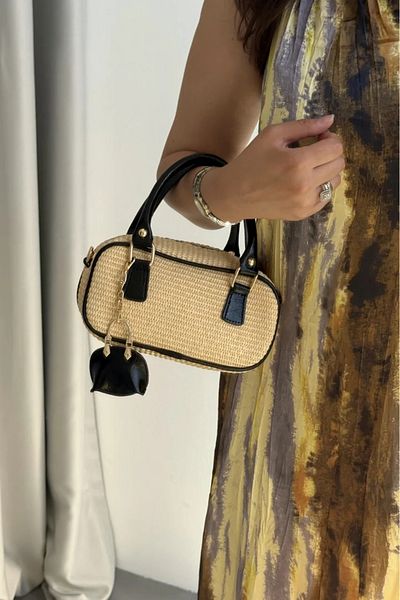 LEONAS Women's Hand and Shoulder Bag Julyne Black with Straw Charm Gift
