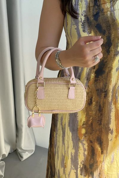 LEONAS Women's Hand and Shoulder Bag Julyne Pink with Straw Charm Gift