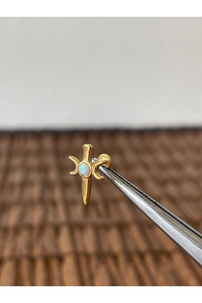 Rupen Kraft 316 L Surgical Steel Sword Moon Opal Stone Lip Cartilage Helix Tragus Piercing 8mm X 1.2mm