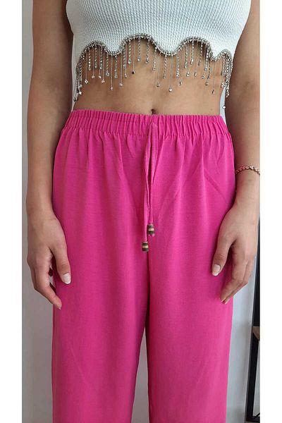 ŞIK VE MUTLU Muslin Linen Elastic Waist Wide Leg Trousers