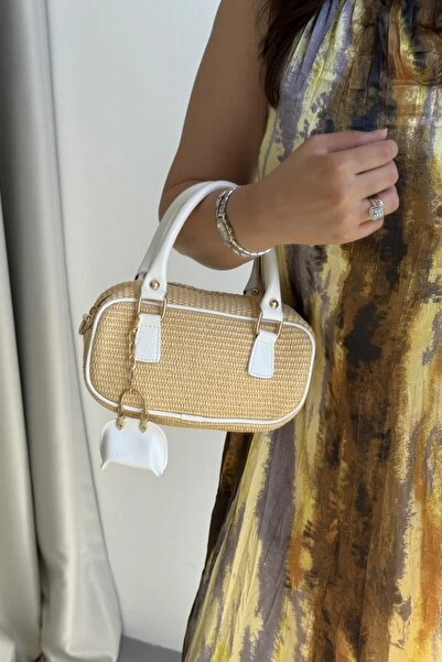 LEONAS Women's Hand and Shoulder Bag Julyne White with Straw Charm Gift